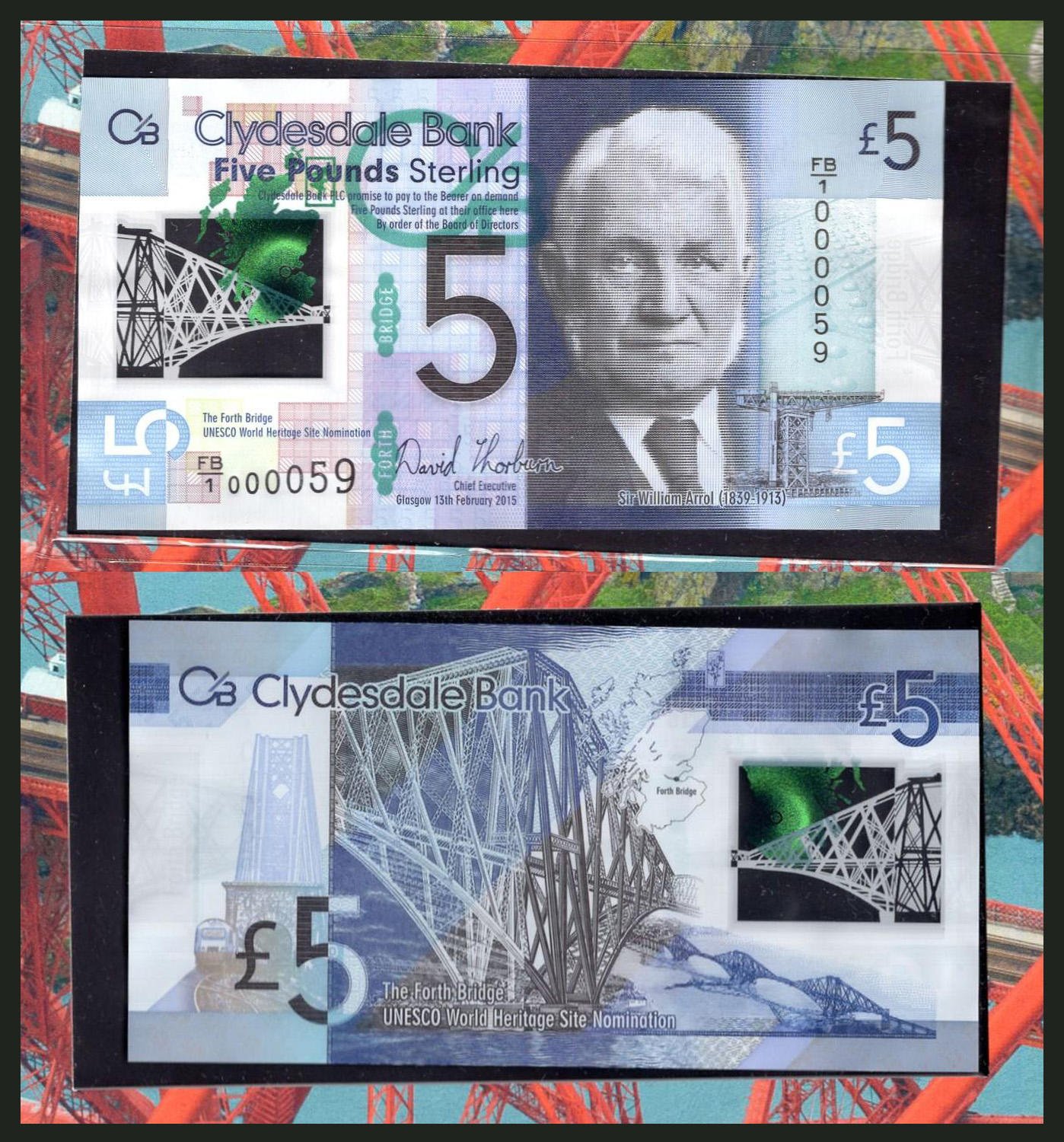 new 2015 Clydesdale Bank £5 Five Pound polymer banknote UNC Scottish currency 
