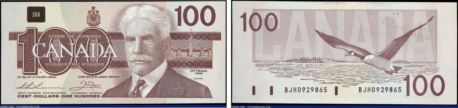 Canada 100 Dollars dated 1988 series BJH0929865, Pick99a, portrait Sir Robe...